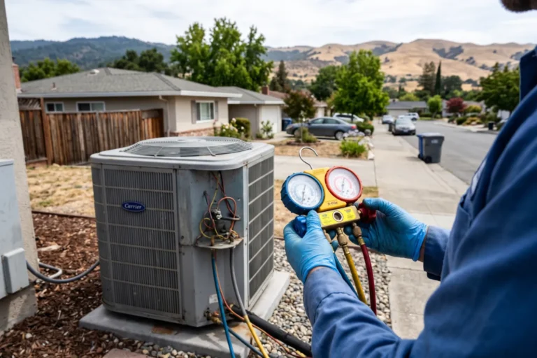 Technician checking refrigerant pressure on an outdoor AC unit